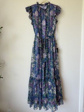 Mac Duggal Leena Purple Green Floral Maxi Dress Tie Waist Ruffle NWT Sz 12